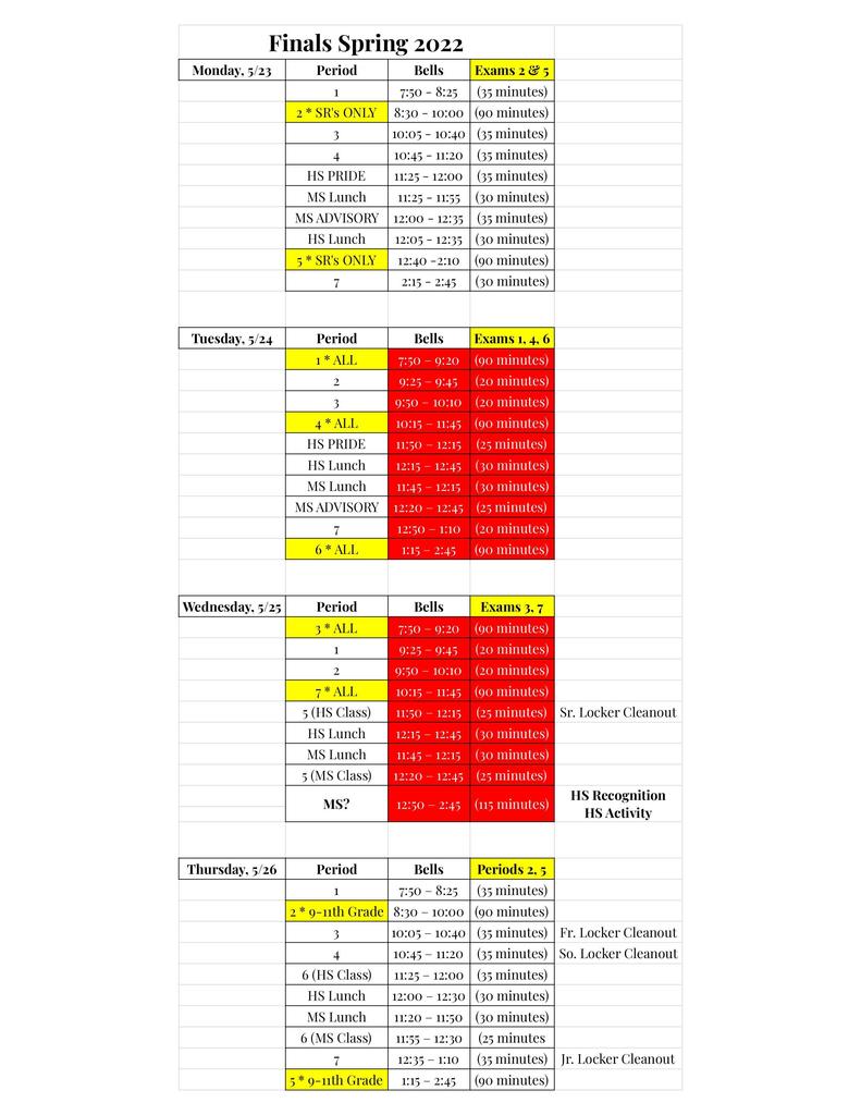 2022 Final Exam Schedule